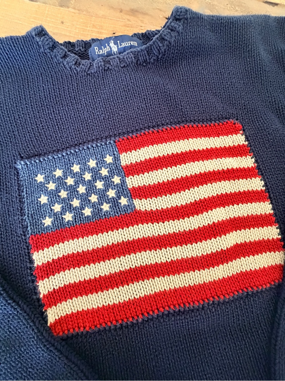 Vintage 90s Ralph Lauren American Flag Sweater Navy Blue Large Cotton USA Preppy - Picture 2 of 7
